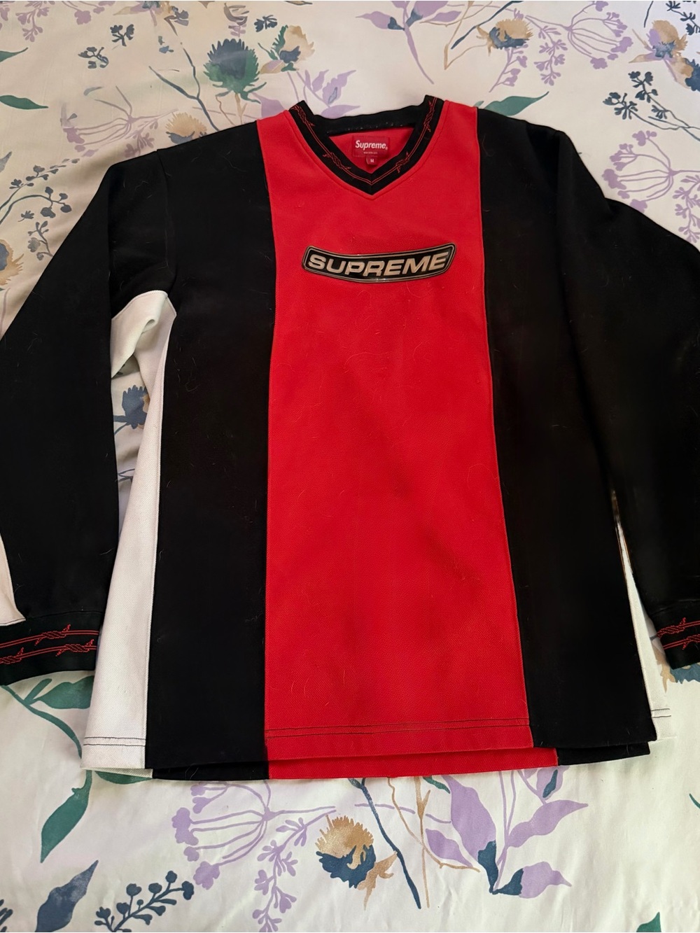 Supreme Red, Black & White Panel Long-Sleeve Shirt